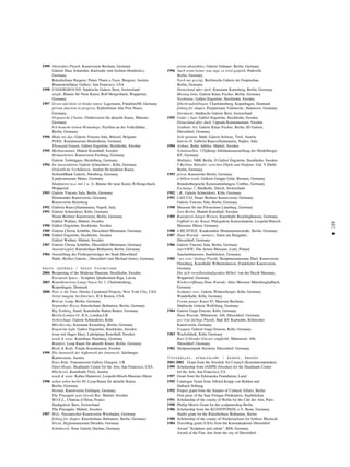 199
•
1999 Abstraktes Plastik, Kunstverein Bochum, Germany
Galerie Haus Schneider, Karlsruhe (mit Jochem Hendricks),
Germany
Künstlerhaus Bregenz, Palais Thurn u.Taxis, Bregenz, Austria
Braunstein/Quay Gallery, San Francisco, USA
1998 UNDERGROUND, Städtische Galerie Bern, Switzerland
single, Räume für Neue Kunst, Rolf Hengesbach, Wuppertal,
Germany
1997 Gross und klein ist beides unten, Lagerraum, Frankfurt/M, Germany
private function in progress, Kulturforum Alte Post Neuss,
Germany
Organische Chemie, Förderverein für aktuelle Kunst, Münster,
Germany
Ich brauche keinen Winnebago, Pavillon an der Volksbühne,
Berlin, Germany
1996 Make my day, Galerie Vinzenz Sala, Brüssel, Belgium
POOL, Kunstmuseum Heidenheim, Germany
Thousand Islands, Galleri Engström, Stockholm, Sweden
1995 Mellanrummet, Malmö Konsthall, Sweden
Heimarbeiten, Kunstverein Freiburg, Germany
Galerie Terbrüggen, Heidelberg, Germany
1994 Im Aussendienst, Galerie Schneiderei , Köln, Germany
Ordentliche Verhältnisse, Institut für moderne Kunst,
SchmidtBank Galerie, Nürnberg, Germany
Landesmuseum Mainz, Germany
Skulpturen (u.a. mit 1 u. 3), Räume für neue Kunst, R.Hengesbach,
Wuppertal
1993 Galerie Vincenz Sala, Berlin, Germany
Dortmunder Kunstverein, Germany
Kunstverein Heinsberg
1992 Galleria Raucci/Santamaria, Napoli, Italy
1991 Galerie Schneiderei, Köln, Germany
Neuer Berliner Kunstverein, Berlin, Germany
Galleri Wallner, Malmö, Sweden
1990 Galleri Engström, Stockholm, Sweden
1989 Galerie Christa Schübbe, Düsseldorf-Mettmann, Germany
1988 Galleri Engström, Stockholm, Sweden
Galleri Wallner, Malmö, Sweden
1987 Galerie Christa Schübbe, Düsseldorf-Mettmann, Germany
Auswärtsspiel, Künstlerhaus Bethanien, Berlin, Germany
1984 Ausstellung der Förderpreisträger der Stadt Düsseldorf,
Städt. (Keller) Galerie , Düsseldorf (mit Michael Irmer), Germany
Grupu izstådes / Group Exhibitions
2004 Reopening of the Moderna Museum, Stockholm, Sweden
European Space - Sculpture Quadrennial Riga, Latvia
2003 Kunsthistoriens Lange Naese No 1, Charlottenborg,
Kopenhagen, Denmark
2000 Now is the Time, Dorsky Curational Projects, New York City, USA
Artist imagine Architecture, ICA Boston, USA
Reloop, Loop, Berlin, Germany
September Horse, Künstlerhaus Bethanien, Berlin, Germany
Big Nothing, Staatl. Kunsthalle Baden-Baden, Germany
Berlin-London 01, ICA, London,UK
Achrochage, Galerie Schneiderei, Köln
Mischlyvska, Kunstamt Kreuzberg, Berlin, Germany
Engström light, Galleri Engström, Stockholm, Sweden
temp mit (Inges Idee), Linköpings Konsthall, Sweden
wash & wear, Kunsthaus Hamburg, Germany
Randori, Loop Raum für aktuelle Kunst, Berlin, Germany
Book & Body, Ystads Konstmusem, Sweden
1999 Die Innenwelt der Außenwelt der Innenwelt, Salzburger
Kunstverein, Austria
Euro Ride, Transmission Gallery Glasgow, UK
Open House, Headlands Center for the Arts, San Francisco, USA
Hitchcock, Kunsthalle Tirol, Austria
wash & wear, Kubus Hannover, Leopold-Hösch-Museum Düren
1998 sehen sehen berlin 98, Loop-Raum für aktuelle Kunst,
Berlin, Germany
Heimat, Kunstverein Eislingen, Germany
The Pineapple goes Goody Bar, Malmö, Sweden
M.I.E.L., Chateau d Órion, France
Stadtgalerie Bern, Switzerland
The Pineapple, Malmö, Sweden
1997 Holz, Nassauischer Kunstverein Wiesbaden, Germany
fishing for shapes, Künstlerhaus Bethanien, Berlin, Germany
Sitzen, Hygienemuseum Dresden, Germany
Schuhwerk, Neue Galerie Dachau, Germany
privat absurdities, Galerie Gebauer, Berlin, Germany
1996 Auch wenn keiner was sagt, es wird gespielt, Podewill,
Berlin, Germany
Noch nie gezeigt, Berlinische Galerie im Gropiusbau,
Berlin, Germany
Disneyland after dark, Kunstamt Kreuzberg, Berlin, Germany
Missing links, Galerie Klaus Fischer, Berlin, Germany
Northstate, Galleri Engström, Stockholm, Sweden
Efterårsudstillingen, Charlottenborg, Kopenhagen, Denmark
fishing for shapes, Projektraum Voltmerstr., Hannover, Germany
Sternkarte, Städtische Galerie Bern, Switzerland
1995 Under i Juni, Galleri Engström, Stockholm, Sweden
Disneyland after dark, Uppsala Konstmuseum, Sweden
Synthetic Art, Galerie Klaus Fischer, Berlin, ID Galerie,
Düsseldorf, Germany
Seid spontan, Städt. Galerie Schwaz, Tirol, Austria
Interno II, Galleria Raucci/Santamaria, Naples, Italy
1994 Arthuts, Baltic Jubilee, Malmö, Sweden
Schnittstellen, 125jährige Jubiläumsausstellung des Heidelberger
KV, Germany
Multiples, NBK Berlin, D Galleri Engström, Stockholm, Sweden
5 Berliner Künstler zwischen Objekt und Skulptur, Gal. V.Diehl,
Berlin, Germany
1993 privat, Kunstweke Berlin, Germany
a billion trash, Gallerie Gruppe Grün, Bremen, Germany
Brandenburgische Kunstsammlungen, Cottbus, Germany
Exchange 2, Shedhalle, Zürich, Switzerland
1992 z.B., Galerie Schneiderei, Köln, Germany
1991 CALCULI, Neuer Berliner Kunstverein, Germany
Galerie Vincenz Sala, Berlin, Germany
1990 Museum für das Fürstentum Lüneburg, Germany
Jetzt Berlin, Malmö Konsthall, Sweden
1989 Kunstpreis Junger Westen, Kunsthalle Recklinghausen, Germany
Fußball in der Kunst, Pfalzgalerie Kaiserslautern, Leopold-Hoesch-
Museum, Düren, Germany
1988 6 RICHTIGE, Katakomben Monumentenstraße, Berlin, Germany
1987 Haus Waende - memory, Salon am Burgplatz,
Düsseldorf, Germany
1986 Galerie Vincenz Sala, Berlin, Germany
interVIEW, The Artists Museum, Lodz, Poland
Saarlandmuseum, Saarbrücken, Germany
1985 “ars viva / farbige Plastik, Skulpturenmuseum Marl, Kunstverein
Flensburg, Kunsthalle Wilhelmshaven, Frankfurter Kunstverein,
Germany
Die sich verselbstständigenden Möbel, von der Heydt Museum,
Wuppertal, Germany
Wiedereröffnung Haus Waende, Altes Museum Mönchengladbach,
Germany
Sculpture now, Galerie Wintersberger, Köln, Germany
Wandelhalle, Köln, Germany
Forum junger Kunst 85, Museum Bochum,
Städtische Galerie Wolfsburg, Germany
1984 Galerie Gugu Ernesto, Köln, Germany
Haus Waende, Münsterstr. 446, Düsseldorf, Germany
ars viva/ farbige Plastik, Bad. KV Karlsruhe, Kölnischer
Kunstverein, Germany
Treppen, Galerie Gugu Ernesto, Köln, Germany
1983 Wachsfabrik, Köln, Germany
Kurt Schleuder-Giesser empfiehlt, Münsterstr. 446,
Düsseldorf, Germany
1982 Skulpturenpark Seestern, Düsseldorf, Germany
Stipendijas, apbalvojumi / Grants, Awards
2001-2002 Grant from the Swedish Art Council (Konstnärsnämnden)
1999 Scholarship from IASPIS (Sweden) for the Headlands Centre
for the Arts, San Francisco, CA
1997 Grant from the Edstranska Foundation, Lund
1995 Catalogue Grant from Alfried Krupp von Bohlen und
Halbach Stiftung
1992 Project grant from the Senator of Cultural Affairs, Berlin
First prize of the Saar Ferngas Förderpreis, Saarbrücken
1991 Scholarship of the county of Berlin for the Cité des Arts, Paris
1990 Phillip Morris Grant for the sculptureshop Berlin
1986 Scholarship from the KUNSTFONDS, e.V, Bonn, Germany
Studio grant for the Künstlerhaus Bethanien, Berlin
1988 Scholarship of the county of Niedersachsen for Schloss Bleckede
1984 Travelling grant (USA) from the Kunstakademie Düsseldorf
Award ”Sculpture and colour”, BDI, Germany
Award of the Fine Arts from the city of Düsseldorf
 