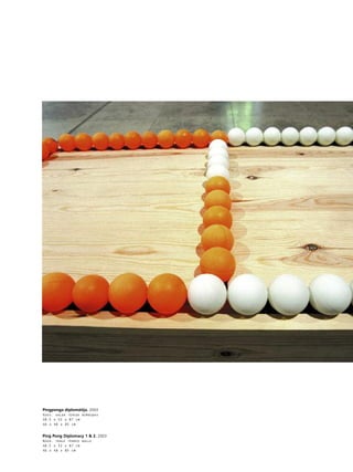 59
•
Pingponga diplomåtija. 2003
Koks, galda tenisa bumbiñas
48,5 x 52 x 87 cm
40 x 48 x 85 cm
Ping Pong Diplomacy 1 & 2. 2003
Wood, table tennis balls
48,5 x 52 x 87 cm
40 x 48 x 85 cm
 