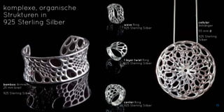 komplexe, organische
Strukturen in
925 Sterling Silber
bamboo Armreif
25 mm breit
925 Sterling Silber
cellular
Anhänger
55 mm ∅
925 Sterling
Silber
wave Ring
925 Sterling Silber
1 layer twist Ring
925 Sterling Silber
center Ring
925 Sterling Silber 15
 