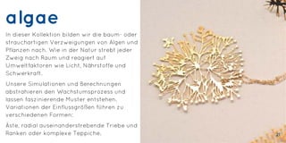 algae
In dieser Kollektion bilden wir die baum- oder
strauchartigen Verzweigungen von Algen und
Pflanzen nach. Wie in der Natur strebt jeder
Zweig nach Raum und reagiert auf
Umweltfaktoren wie Licht, Nährstoffe und
Schwerkraft.
Unsere Simulationen und Berechnungen
abstrahieren den Wachstumsprozess und
lassen faszinierende Muster entstehen.
Variationen der Einflussgrößen führen zu
verschiedenen Formen:
Äste, radial auseinanderstrebende Triebe und
Ranken oder komplexe Teppiche. 21
 