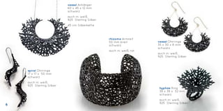 spiral Ohrringe
17 x 17 x 50 mm
schwarz
auch in: weiß,
925 Sterling Silber
vessel Ohrringe
35 x 30 x 8 mm
schwarz
auch in: weiß,
925 Sterling Silber
hyphae Ring
38 x 38 x 32 mm
schwarz
auch in: weiß,
925 Sterling Silber
vessel Anhänger
60 x 45 x 12 mm
schwarz
auch in: weiß,
925 Sterling Silber
45 cm Silberkette
rhizome Armreif
50 mm breit
schwarz
auch in: weiß, rot
6
 