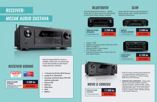 RECEIVER:
MOZAK AUDIO SUSTAVA
SLIMBLUETOOTH
Marantz SR5011
AV RECEIVER
12 rata bez kamata: 563 kn
6.750 kn
KUPI ODMAH
Marantz
NR1506 AV Receiver
12 rata bez kamata: 291 kn
3.490 kn
KUPI ODMAH
Denon AVR-X2300w
AV Receiver
PREPORUČENA CIJENA: 5.250 kn12
rata bez kamata: 416 kn
4.990 kn
KUPI ODMAH
Denon AVR-X520BT
AV Receiver
12 rata bez kamata: 191 kn
2.290 kn
KUPI ODMAH
•	 7 kanala i 100W
•	 Podržava sve zamislive formate: Dolby Atmos, DTS:X
•	 HDMI 2.0a i HDCP 2.2
•	 Audyssey MultEQ XT room korekciju
•	 Wi-Fi, Bluetooth i AirPlay
•	 Integrirani streaming servisi: Internet radio, Pan-
dora, Spotify Connect...
•	 Mrežni AV receiver, vrhunska centrala kućnog kina
s 9.2 kanala identičnih, zasebnih pojačala, te s
mogućnosti procesiranja 11.2 kanala za potpuni
Dolby Atmos ili DTS:X doživljaj.
•	 ugrađena Heos tehnologija - Glazbu možete
dijeliti s ostalim HEOS uređajima, istraživati i
reproducirati glazbu iz vlastite fonoteke, s online
streaming servisa, tisuća Internet radio stanica ili
priključenih USB medija - sve uz pomoć zabavne,
intuitivne i besplatne “HEOS” aplikacije dostupne
za iOS, Android i Kindle Fire.
Kralj svih ekonomičnih AV receivera – uzbudljiv,
snažan zvuk i sva oprema koja će vam ikad zatrebati
po cijeni koja bi svakog natjerala u iskušenje
Favorit među AV receiverima zbog kombinacije vr-
hunskog Marantz zvuka, raskošne opremljenosti i
elegantnog tankog dizajna.
RECEIVER GODINE
Kralj svih ekonomičnih AV receivera –
uzbudljiv, snažan zvuk i sva oprema koja
će vam ikad zatrebati po cijeni koja bi
svakog natjerala u iskušenje
Denon AVR-X4300H
AV Receiver
12 rata bez kamata: 999 kn
11.990 kn
KUPI ODMAH
NOVO U SONUSU
•	 7.2 Kanalni Full 4K Ultra HD AV Receiver
•	 ugrađen Wi-Fi i Bluetooth®
•	 upravljanje intuitivnom Denon 2016 AVR
mobilnom aplikacijom
•	 Audyssey DSP
•	 Multiroom
•	 Dolby Atmos
•	 DTS:X
•	 HDCP2.2
 