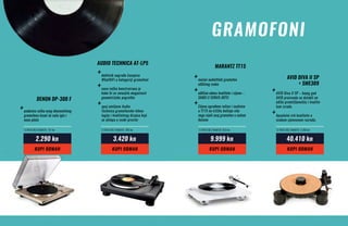 AVID Diva II SP – kojeg god
AVID proizvoda se dotakli on
odiše promišljenošću i kvalite-
tom izrade.
Apsolutni vrh kvalitete u
svakom cjenovnom razredu.
moćan audiofilski gramofon
odličnog zvuka
odličan odnos kvalitete i cijene –
SAMO U SONUS ARTU
Cijena ugrađene ručice i zvučnice
u TT15 na tržištu koštaju više
nego cijeli ovaj gramofon u našem
dućanu
podesiva ručka ovog ekonomičnog
gramofona čuvat će vašu iglu i
nove ploče
dobitnik nagrade časopisa
WhatHiFi u kategoriji gramofoni
nova ručka konstruirana je
kako bi se smanjila mogućnost
geometrijske pogreške
spoj omiljene Audio
Technica gramofonske tehno-
logije i kvalitetnog dizajna koji
se uklapa u svaki prostor
12 rata bez kamata: 3.368 kn12 rata bez kamata: 833 kn12 rata bez kamata: 285 kn12 rata bez kamata: 191 kn
AVID Diva II SP
+ SME309
AUDIO TECHNICA AT-LP5
DENON DP-300 F
MARANTZ TT15
40.410 kn9.999 kn3.420 kn2.290 kn
KUPI ODMAHKUPI ODMAHKUPI ODMAHKUPI ODMAH
+
+
+
+
+
+
+
++
GRAMOFONI
 