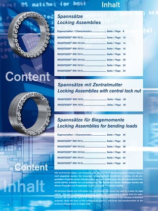 Inhalt
Content
Inhalt
Content
Spannsätze
Locking Assemblies
Eigenschaften / Characteristics............................. Seite / Page	 8
RINGFEDER® RfN 7012................................................ Seite / Page	10
RINGFEDER® RfN 7013.0............................................ Seite / Page	14
RINGFEDER® RfN 7013.1............................................ Seite / Page	16
RINGFEDER® RfN 7014................................................ Seite / Page	18
RINGFEDER® RfN 7015.0............................................ Seite / Page	20
RINGFEDER® RfN 7015.1............................................ Seite / Page	22
RINGFEDER® RfN 7515................................................ Seite / Page	24
All technical details and information are non-binding and cannot be used as a basis for legal
claims. The user is obligated to determine whether the represented products meet his requi-
rements. We reserve the right at all times to carry out modifications in the interests of technical
progress. Upon the issue of this catalogue all previous brochures and questionnaires on the
products displayed are no longer valid.
Alle technischen Daten und Hin­weise sind unverbindlich, Rechts­ansprüche können daraus
nicht abgeleitet werden. Der Anwender ist grundsätzlich verpflichtet zu prüfen, ob die dar-
gestellten Produkte seinen Anforderungen genügen. Änderungen, die dem technischen Fort-
schritt dienen, behalten wir uns jederzeit vor. Mit Erscheinen dieses Kataloges werden alle
älteren Prospekte und Fragebögen zu den gezeigten Produkten ungültig.
Spannsätze für Biegemomente
Locking Assemblies for bending loads
Eigenschaften / Characteristics............................. Seite / Page	 34
RINGFEDER® RfN 7012................................................ Seite / Page	36
RINGFEDER® RfN 7012.2............................................ Seite / Page	38
RINGFEDER® RfN 7015.0............................................ Seite / Page	40
RINGFEDER® RfN 7015.1............................................ Seite / Page	42
RINGFEDER® RfN 7515................................................ Seite / Page	44
Spannsätze mit Zentralmutter
Locking Assemblies with central lock nut
RINGFEDER® RfN 7070................................................ Seite / Page	28
RINGFEDER® RfN 7075................................................ Seite / Page	30
4
 