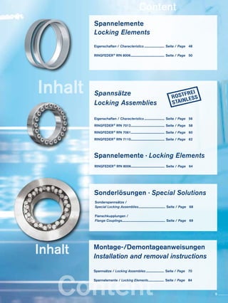 Inhalt
Content
Inhalt
Content
Spannelemente
Locking Elements
Eigenschaften / Characteristics............................. Seite / Page	48
RINGFEDER® RfN 8006................................................ Seite / Page	 50
Sonderlösungen · Special Solutions
Sonderspannsätze / 
Special Locking Assemblies...................................... Seite / Page	 68
Flanschkupplungen / 
Flange Couplings............................................................ Seite / Page	69
Montage-/Demontageanweisungen
Installation and removal instructions
Spannsätze / Locking Assemblies.......................... Seite / Page	70
Spannelemente / Locking Elements....................... Seite / Page	84
Spannsätze
Locking Assemblies
Eigenschaften / Characteristics............................. Seite / Page	 56
RINGFEDER® RfN 7012................................................ Seite / Page	58
RINGFEDER® RfN 7061................................................ Seite / Page	60
RINGFEDER® RfN 7110................................................ Seite / Page	62
RINGFEDER® RfN 8006................................................ Seite / Page	64
Spannelemente · Locking Elements
5
 