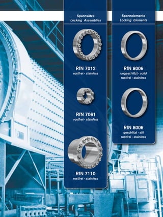 Spannsätze
Locking Assemblies
Spannelemente
Locking Elements
RfN 7110
rostfrei · stainless
RfN 7012
rostfrei · stainless
RfN 7061
rostfrei · stainless
RfN 8006
ungeschlitzt · solid
rostfrei · stainless
RfN 8006
geschlitzt · slit
rostfrei · stainless
55
 
