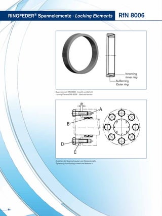 Anziehen der Spannschrauben und Abstandsmaß x
Tightening of the locking screws and distance x
Spannelement RfN 8006 · Ansicht und Schnitt
Locking Element RfN 8006 · View and section
RINGFEDER® Spannelemente · Locking Elements RfN 8006
84
 