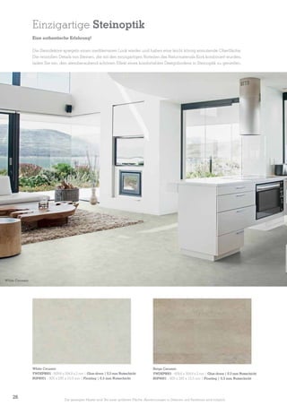 Einzigartige Steinoptik
Eine authentische Erfahrung!
Die Steindekore spiegeln einen mediterranen Look wieder und haben eine leicht körnig anmutende Oberfläche.
Die reizvollen Details von Steinen, die mit den einzigartigen Vorteilen des Naturmaterials Kork kombiniert wurden,
laden Sie ein, den atemberaubend schönen Effekt eines komfortablen Designbodens in Steinoptik zu genießen.

White Ceramic

White Ceramic
VWDEP8001 - 609,6 x 304,8 x 2 mm | Glue-down | 0,3 mm Nutzschicht
B0P8001 - 905 x 295 x 10,5 mm | Floating | 0,3 mm Nutzschicht

26

Beige Ceramic
VWDEP9001 - 609,6 x 304,8 x 2 mm | Glue-down | 0,3 mm Nutzschicht
B0P9001 - 905 x 295 x 10,5 mm | Floating | 0,3 mm Nutzschicht

Die gezeigten Muster sind Teil einer größeren Fläche. Abweichungen in Dekoren und Farbtönen sind möglich.

 