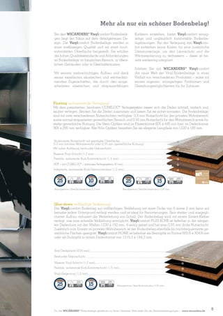Mehr als nur ein schöner Bodenbelag!
Bei den Wicanders® Vinylcomfort Bodenbelägen liegt der Fokus auf dem detailgetreuen Design. Die Vinylcomfort Bodenbeläge werden in
einer erstklassigen Qualität und mit einer hochentwickelten Oberfläche hergestellt. Sie erfüllen
die hohen Qualitätsstandards und Anforderungen
an Bodenbeläge im häuslichen Bereich, in öffentlichen Gebäuden oder in Geschäftsräumen.
Mit seinem mehrschichtigen Aufbau und dank
seiner exzellenten akustischen und wärmedämmenden Eigenschaften, die durch den eingearbeiteten elastischen und strapazierfähigen

Korkkern entstehen, bietet Vinylcomfort einzigartige und unglaublich komfortable Bodenbelagslösungen. Bei der Verlegung von Vinylcomfort entstehen keine Kosten für eine zusätzliche
Dämmunterlage, um den Lärmschutz und die
Wärmeisolierung zu verbessern – diese ist bereits werkseitig integriert.
Erleben Sie mit Wicanders® Vinylcomfort
die neue Welt der Vinyl-Bodenbeläge in einer
Vielfalt von verschiedenen Produkten – jedes mit
seinen eigenen, einzigartigen Funktionen und
Gestaltungsmöglichkeiten für Ihr Zuhause.

Floating (schwimmende Verlegung)
Mit dem patentierten, leimlosen Corkloc® Verlegesystem lassen sich die Dielen schnell, einfach und
sauber verlegen. Stecken Sie die Dielen zusammen und lassen Sie sie sicher einrasten. Die Bodenbeläge
sind mit zwei verschiedenen Nutzschichten verfügbar: 0,3 mm Nutzschicht für den privaten Wohnbereich
sowie normal strapazierten gewerblichen Bereich und 0,55 mm Nutzschicht für den Wohnbereich sowie für
starke gewerbliche Nutzung. Die Stein-Optiken sind im Fliesenformat 605 x 445 mm bzw. im Dielenformat
905 x 295 mm verfügbar. Alle Holz-Optiken beziehen Sie als elegante Langdiele von 1220 x 185 mm.

Strukturierte Nutzschicht mit geprägter Oberfläche
0,3 mm (privater Wohnbereich) oder 0,55 mm (gewerbliche Nutzung)
Mit hoher Auflösung bedruckte Dekorschicht
Massive Vinyl-Schicht (1,2 mm)
Flexible, isolierende Kork-Komfortschicht (1,5 mm)
HDF – mit Corkloc® – leimloses Verlegesystem (6 mm)
Integrierte, isolierende Kork-Dämmunterlage (1,2 mm)
GARANTIE
GARANTIE

JAHRE

D

GARANTIE

JAHRE

F

JAHRE

Naturgetreue Oberflächenstruktur 0,3 mm:

D

GARANTIE

JAHRE

G

Naturgetreue Oberflächenstruktur 0,55 mm:

Glue-down (vollflächige Verklebung)
Der Vinylcomfort Bodenlag zur vollflächigen Verklebung mit einer Dicke von 6 sowie 2 mm kann auf
beinahe jedem Untergrund verlegt werden und ist ideal für Renovierungen. Sein starker und ausgeglichener Aufbau reduziert die Weiterleitung von Schall. Der Bodenbelag wird mit einem Einseit-Kleber
verlegt, was eine schnelle Verklebung ermöglicht. Vinylcomfort PLUS KORK ist lieferbar in der eleganten Dielenform mit den Maßen 1230 x 150 mm, 4-seitig gefast und hat eine 0,55 mm dicke Nutzschicht.
Zusätzlich zum Einsatz im privaten Wohnbereich ist der Bodenbelag ebenfalls für hochfrequentierte gewerbliche Flächen geeignet. Vinylcomfort HOME ist lieferbar als Steinoptik im Format 605,6 x 304,8 mm
oder als Holzoptik in einem Dielenformat von 1219,2 x 184,2 mm.

Vinyl Deckschicht (0,55 mm)
Bedruckte Dekorschicht
Massive Vinyl-Schicht (1,2 mm)
Flexible, isolierende Kork-Komfortschicht (1,5 mm)
Vinyl-Gegenzug (1,2 mm)

JAHRE

D

GARANTIE

JAHRE

G

Naturgetreue Oberflächenstruktur 0,55 mm:

Für die Wicanders® Bodenbeläge gewähren wir Ihnen Garantie. Bitte lesen Sie die Garantiebedingungen – www.wicanders.de

5

 