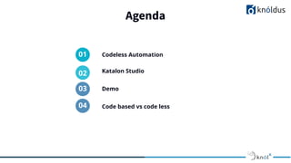Agenda
01 Codeless Automation
02 Katalon Studio
04 Code based vs code less
Demo
03
 