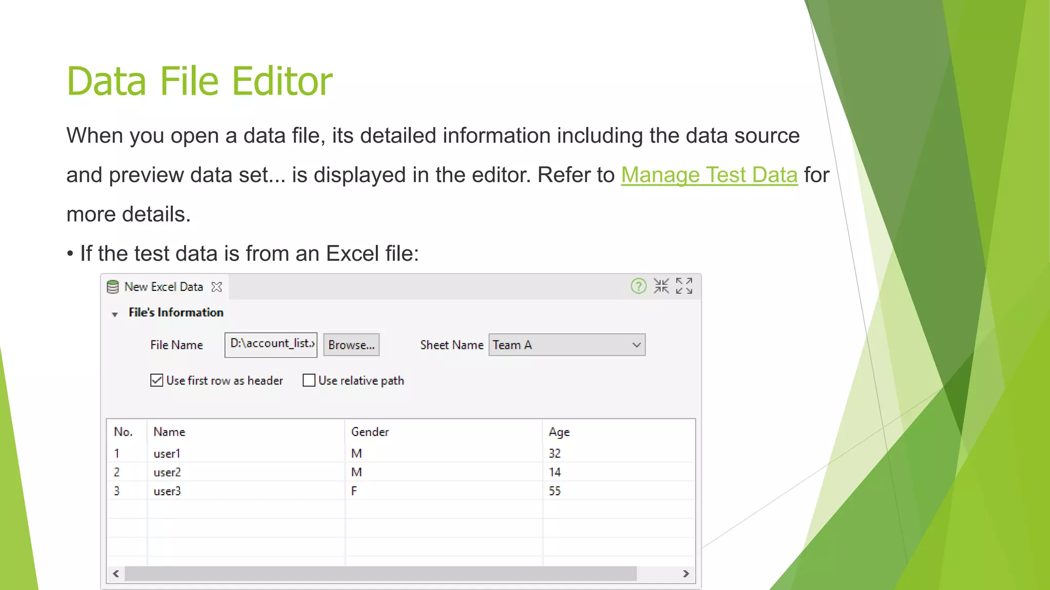 Data File Editor
When you open a data file, its detailed information including the data source
and preview data set... is displayed in the editor. Refer to Manage Test Data for
more details.
• If the test data is from an Excel file:
 