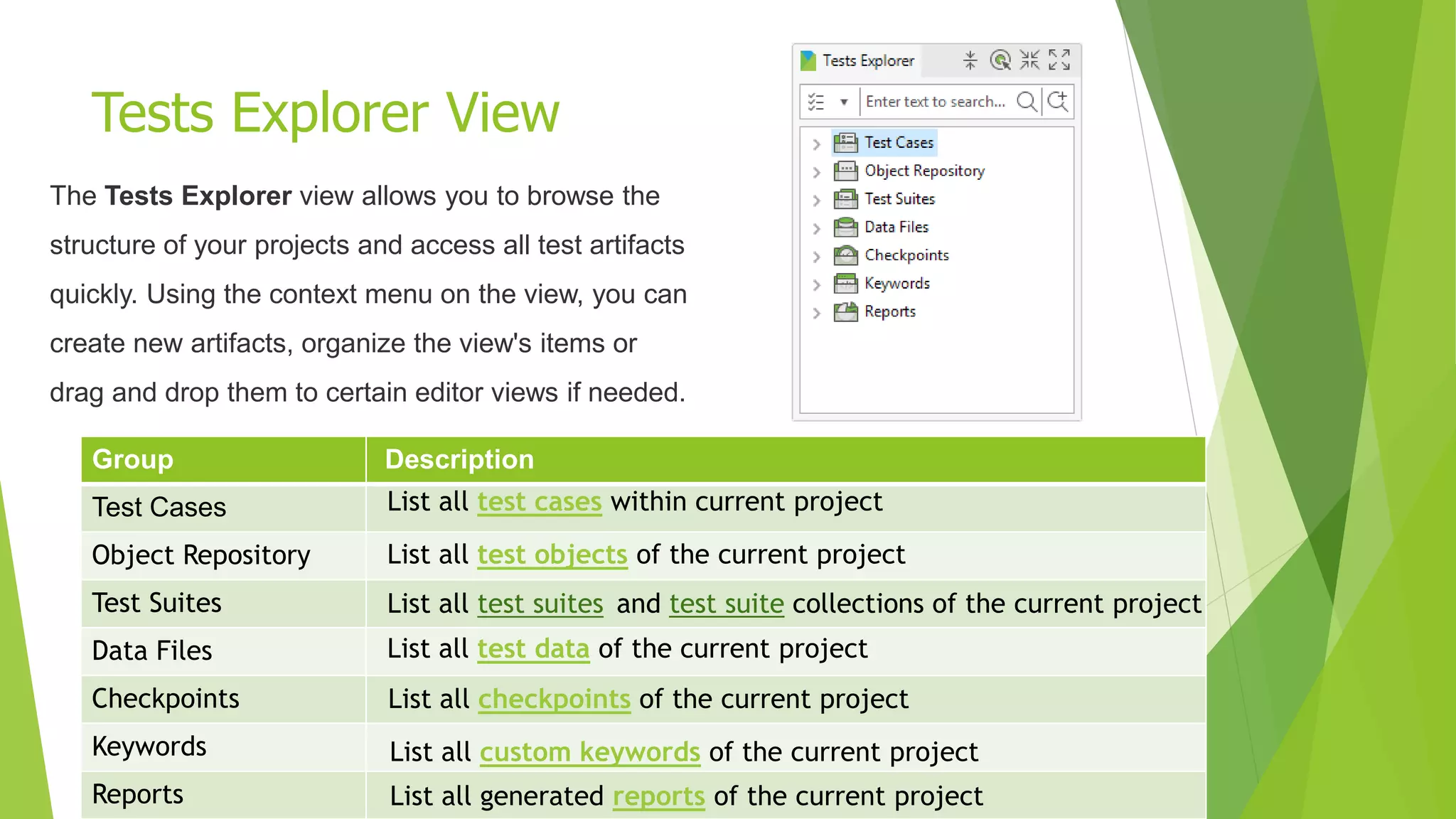 Tests Explorer View
The Tests Explorer view allows you to browse the
structure of your projects and access all test artifacts
quickly. Using the context menu on the view, you can
create new artifacts, organize the view's items or
drag and drop them to certain editor views if needed.
Group Description
Test Cases
Object Repository
Test Suites
Data Files
Checkpoints
Keywords
Reports
List all test cases within current project
List all test objects of the current project
List all test suites and test suite collections of the current project
List all test data of the current project
List all checkpoints of the current project
List all custom keywords of the current project
List all generated reports of the current project
 