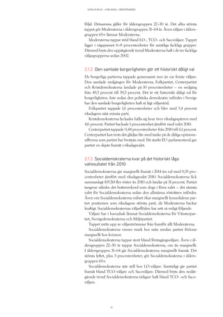 KATALYS NO:18 – UTAN SEGEL I VÄNSTERVINDEN
10
följd. Detsamma gäller för åldersgruppen 22–30 år. Det allra största
tappet gör Moderaterna i åldersgruppen 31–64 år. Även väljare i ålders-
gruppen 65+ lämnar Moderaterna.
Moderaterna tappar stöd bland LO-, TCO- och Sacoväljare. Tappet
ligger i vågspannet 6–8 procentenheter för samtliga fackliga grupper.
Därmed bryts den uppåtgående trend Moderaterna haft i de tre fackliga
väljargrupperna sedan 2002.
2.1.2. Den samlade borgerligheten gör ett historiskt dåligt val
De borgerliga partierna tappade gemensamt mer än var femte väljare.
Den samlade nedgången för Moderaterna, Folkpartiet, Centerpartiet
och Kristdemokraterna landade på 10 procentenheter – en nedgång
från 49,3 procent till 39,3 procent. Det är ett historiskt dåligt val för
borgerligheten. Inte sedan den politiska demokratin infördes i Sverige
har den samlade borgerligheten haft så lågt väljarstöd.
Folkpartiet tappade 1,6 procentenheter och blev med 5,4 procent
riksdagens näst minsta parti.
Kristdemokraterna lyckades hålla sig kvar över riksdagsspärren med
4,6 procent. Partiet backade 1 procentenhet jämfört med valet 2010.
Centerpartiet tappade 0,44 procentenheter från 2010 till 6,1 procent.
Centerpartiet kan trots det glädjas lite med tanke på de dåliga opinions-
siffrorna som partiet har brottats med. Ett starkt EU-parlamentsval gav
partiet en skjuts framåt i riksdagsvalet.
2.1.3. Socialdemokraterna kvar på det historiskt låga
valresultatet från 2010
Socialdemokraterna går marginellt framåt i 2014 års val med 0,35 pro-
centenheter jämfört med riksdagsvalet 2010. Socialdemokraterna fick
sammanlagt 105 214 fler röster än 2010 och landar på 31 procent. Partiet
tangerar således det bottenrekord som slogs i förra valet – det sämsta
valet för Socialdemokraterna sedan den allmänna rösträtten infördes.
Även om Socialdemokraterna enbart ökar marginellt konsoliderar par-
tiet positionen som riksdagens största parti, då Moderaterna backar
kraftigt. Socialdemokraternas väljarflöden har sett ut enligt följande:
Väljare har i huvudsak lämnat Socialdemokraterna för Vänsterpar-
tiet, Sverigedemokraterna och Miljöpartiet.
Tappet möts upp av väljarströmmar från framför allt Moderaterna.
Socialdemokraterna vinner mark hos män medan partiet förlorar
marginellt hos kvinnor.
Socialdemokraterna tappar stort bland förstagångsväljare. Även i ål-
dersgruppen 22–30 år tappar Socialdemokraterna, om än marginellt.
I åldersgruppen 31–64 går Socialdemokraterna marginellt framåt. Det
största lyftet, plus 3 procentenheter, gör Socialdemokraterna i ålders-
gruppen 65+.
Socialdemokraterna står still hos LO-väljare. Samtidigt går partiet
framåt bland TCO-väljare och Sacoväljare. Därmed bryts den nedåt-
gående trend Socialdemokraterna tidigare haft bland TCO- och Saco-
väljare.
 