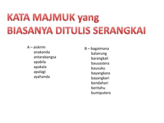 keretalembuJENIS KATA MAJMUKRangkaiKataBebasKatamajmukjenisinijugabolehwujudsebagaigelaran.Contohnya:PerdanaMenteri
