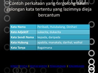 Contoh perkataan yang tergolong dalam
golongan kata tertentu yang lazimnya dieja
                bercantum

  Kata Nama           Peribadi, Hulubalang, Dinihari
  Kata Adjektif       sukacita, dukacita
  Kata Sendi Nama     kepada, daripada
  Kata Hubung         apabila, manakala, darihal, walhal
  Kata Tanya          Bagaimana




  KONSEP|BENTUK | BENTUK MANTAP | PENGGANDAAN | PENGIMBUHAN
 