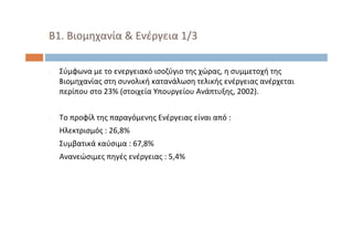 ‐ Σύμφωνα με το ενεργειακό ισοζύγιο της χώρας, η συμμετοχή της
Bιομηχανίας στη συνολική κατανάλωση τελικής ενέργειας ανέρχεται
περίπου στο 23% (στοιχεία Υπουργείου Ανάπτυξης, 2002).
‐ Το προφίλ της παραγόμενης Ενέργειας είναι από :
Ηλεκτρισμός : 26,8%
Συμβατικά καύσιμα : 67,8%
Ανανεώσιμες πηγές ενέργειας : 5,4%
Β1. Βιομηχανία & Ενέργεια 1/3
 