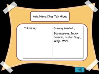 Kata Nama Khas Tak Hidup



Tak hidup           Gunung Kinabalu,
                    Gua Musang, Sabak
                    Bernam, Proton Saga,
                    Waja, Wira.
 