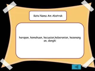 Kata Nama Am Abstrak




harapan, kemahuan, kecuaian,keberanian, kesenang
                   an, dengki
 