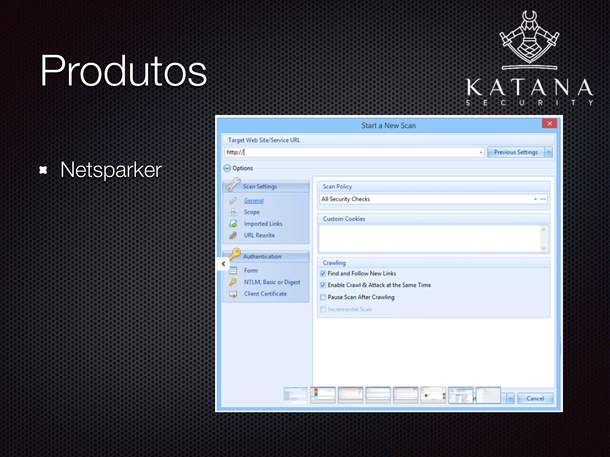 Testes de Segurança
Teste especíﬁco em uma aplicação ou servidor web
Utilizando a abordagem manual e automatizada
Detecção de diversos tipos vulnerabilidade (OWASP
Top 10, CWE/SANS Top 25, etc.)
Sem afetar o desempenho da aplicação nem
prejudicar os usuários
 
