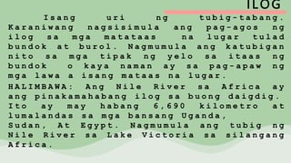 ILOG
I s a n g u r i n g t u b i g - t a b a n g .
K a r a n i w a n g n a g s i s i m u l a a n g p a g - a g o s n g
i l o g s a m g a m a t a t a a s n a l u g a r t u l a d
b u n d o k a t b u r o l . N a g m u m u l a a n g k a t u b i g a n
n i t o s a m g a t i p a k n g y e l o s a i t a a s n g
b u n d o k o k a y a n a m a n a y s a p a g - a p a w n g
m g a l a w a a i s a n g m a t a a s n a l u g a r .
H A L I M B A W A : A n g N i l e R i v e r s a A f r i c a a y
a n g p i n a k a m a h a b a n g i l o g s a b u o n g d a i g d i g .
I t o a y m a y h a b a n g 6 , 6 9 0 k i l o m e t r o a t
l u m a l a n d a s s a m g a b a n s a n g U g a n d a ,
S u d a n , A t E g y p t . N a g m u m u l a a n g t u b i g n g
N i l e R i v e r s a L a k e V i c t o r i a s a s i l a n g a n g
A f r i c a .
 