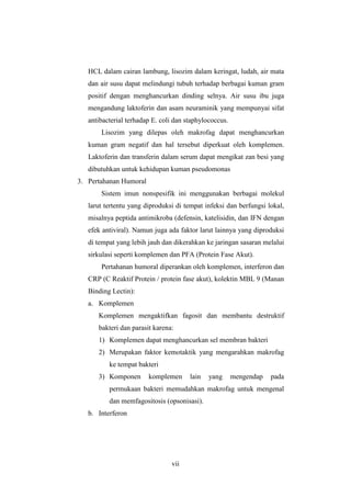 vii
HCL dalam cairan lambung, lisozim dalam keringat, ludah, air mata
dan air susu dapat melindungi tubuh terhadap berbagai kuman gram
positif dengan menghancurkan dinding selnya. Air susu ibu juga
mengandung laktoferin dan asam neuraminik yang mempunyai sifat
antibacterial terhadap E. coli dan staphylococcus.
Lisozim yang dilepas oleh makrofag dapat menghancurkan
kuman gram negatif dan hal tersebut diperkuat oleh komplemen.
Laktoferin dan transferin dalam serum dapat mengikat zan besi yang
dibutuhkan untuk kehidupan kuman pseudomonas
3. Pertahanan Humoral
Sistem imun nonspesifik ini menggunakan berbagai molekul
larut tertentu yang diproduksi di tempat infeksi dan berfungsi lokal,
misalnya peptida antimikroba (defensin, katelisidin, dan IFN dengan
efek antiviral). Namun juga ada faktor larut lainnya yang diproduksi
di tempat yang lebih jauh dan dikerahkan ke jaringan sasaran melalui
sirkulasi seperti komplemen dan PFA (Protein Fase Akut).
Pertahanan humoral diperankan oleh komplemen, interferon dan
CRP (C Reaktif Protein / protein fase akut), kolektin MBL 9 (Manan
Binding Lectin):
a. Komplemen
Komplemen mengaktifkan fagosit dan membantu destruktif
bakteri dan parasit karena:
1) Komplemen dapat menghancurkan sel membran bakteri
2) Merupakan faktor kemotaktik yang mengarahkan makrofag
ke tempat bakteri
3) Komponen komplemen lain yang mengendap pada
permukaan bakteri memudahkan makrofag untuk mengenal
dan memfagositosis (opsonisasi).
b. Interferon
 