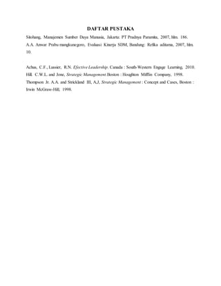 DAFTAR PUSTAKA
Sitohang, Manajemen Sumber Daya Manusia, Jakarta: PT Pradnya Paramita, 2007, hlm. 186.
A.A. Anwar Prabu mangkunegoro, Evaluasi Kinerja SDM, Bandung: Refika aditama, 2007, hlm.
10.
Achus, C.F., Lussier, R.N. Efective Leadership. Canada : South-Western Engage Learning, 2010.
Hill. C.W.L. and Jone, Strategic Management.Boston : Houghton Mifflin Company, 1998.
Thompson Jr. A.A. and Strickland III, A,J, Strategic Management : Concept and Cases, Boston :
Irwin McGraw-Hill, 1998.
 