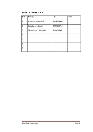 Menulis Karya Ilmiah Page 3
DAFTAR KELOMPOK 3
NO NAMA NIM TTD
1 Hidayatul Murtafi’ah 1688203049
2 Pungky Ayu Lestari 1688203060
3 Muhammad Ulil Aydiy 1688203055
4
5
6
7
 