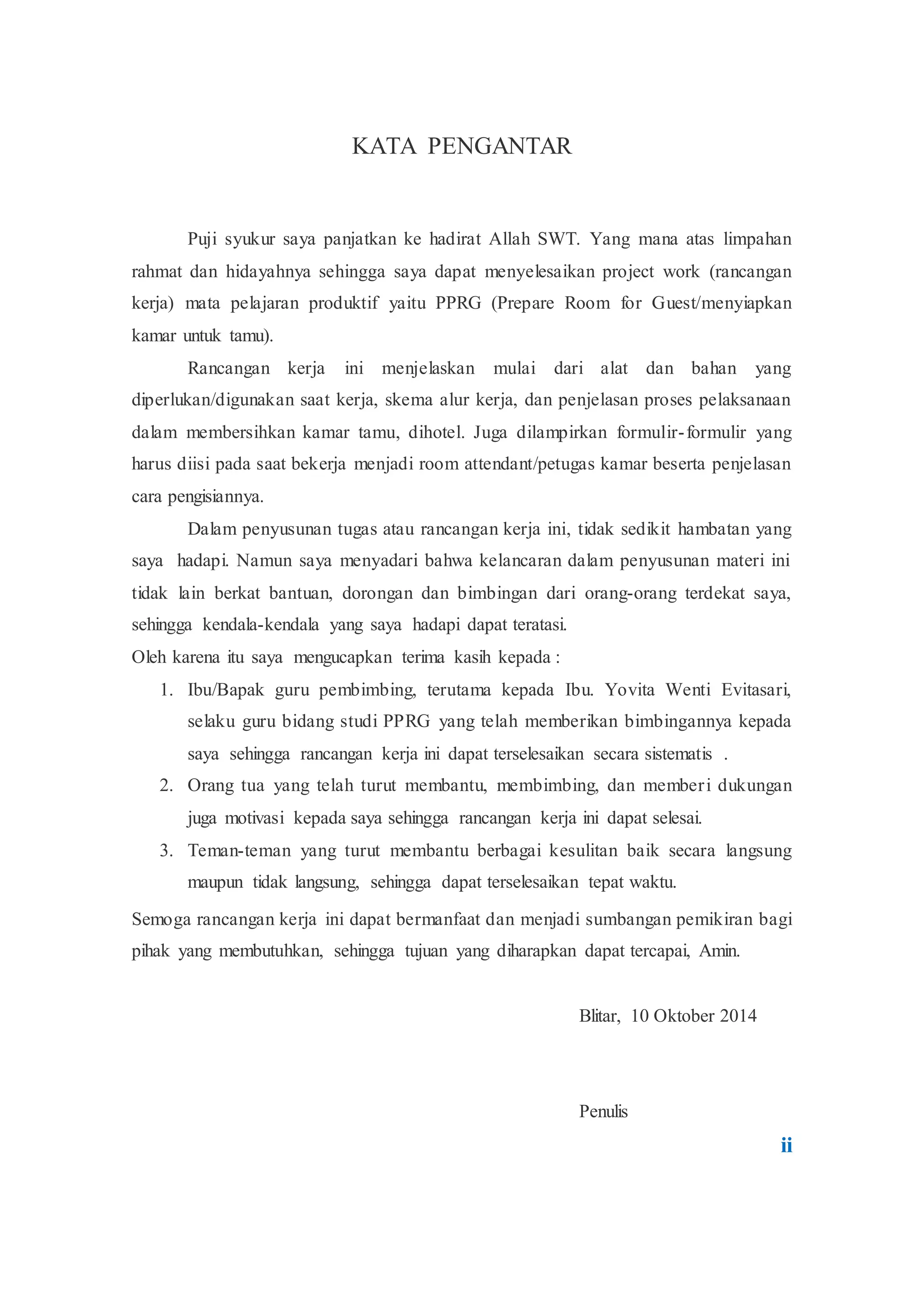 Kata pengantar Rancangan kerja menyiapkan kamar untuk tamu | PDF | Free