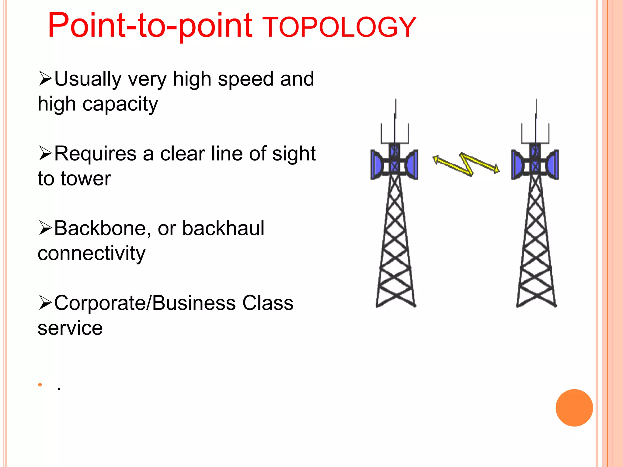 Point-to-point TOPOLOGY
Usually very high speed and
high capacity
Requires a clear line of sight
to tower
Backbone, or backhaul
connectivity
Corporate/Business Class
service
• .
 