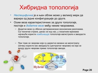 Хибридна топологија
•   Неспецифична је и њен облик може у великој мери да
    варира од једне конфигурације до друге.
•   Осим веза карактеристичних за друге топологије,
    постоје и додатне везе међу неким чворовима.
    – Додатне везе су обично детерминисане економским разлозима.
      Са техничке стране, данас се код нас, у локалним мрежама
      најчешће користи комбинација топологије магистрале и звездасте
      топологије.

    – При томе се чворови који су директно везани на магистралу
      (кичму) користе као звездишта (централни чворови) на која се
      везују други чворови према топологије звезде.




                        Free Powerpoint Templates
                                                                     Page 20
 