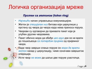 Логичка организација мреже
         Прстен са жетоном (token ring)
  •   Најчешћи начин управљања комуникацијом.
  •   Жетон је специјалан низ битова који циркулише у
      прстену од чвора до чвора када нема преноса порука.
  •   Чворови су одговорни да прихвате пакет који је
      упућен другим чворовима.
  •   Пакет обично мора да обиђе цео круг док се не врати
      до пошиљаоца са потврдом пријема од пријемног
      чвора.
  •   Када чвор заврши слање поруке он мора да врати
      жетон назад у циркулацију, чиме означава завршетак
      операције.
  •   Исти чвор не може да шаље две поруке узастопце.

                  Free Powerpoint Templates
                                                    Page 24
 