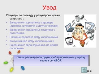 Увод
Рачунари се повезују у рачунарске мреже
  са циљем :
• Заједничког коришћења хардвера
  (дискова, штампача и других уређаја)
• Заједничког коришћења података у
  датотекама
• Размене података међу корисницима
• Комуникације међу корисницима и
• Заједничког рада корисника на неким
  пословима


       Сваки рачунар (или други уређај) прикључен у мрежу
                        назива се ЧВОР.


                      Free Powerpoint Templates
                                                       Page 3
 