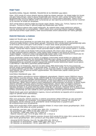 Doğal Taşlar
İŞLENMİŞ DOĞAL TAŞLAR- MERMER, TRAVERTEN VE SU MERMERİ (gtip:6802)
Katar, 2010 yılında 92 milyon dolarlık işlenmiş doğal taş ithalatı yapmıştır. Bu ithalat değeri bir önceki
yıla göre %46 artmıştır. Katar’ın dünya ithalatındaki payı %0,1’dir. 2011 yılında Türkiye’nin Katar’a
gerçekleştirdiği mermer ihracatı %9 oranında azalmış ve 5 milyon dolara düşmüştür. Katar’a ihraç
ettiğimiz ürünler arasında 680291 GTİP numarasında yer alan işlenmiş-yontulmamış mermer traverten
ve su mermeri ilk sırada yer almaktadır.
2010 yılında Katar’a işlenmiş doğal taş ihracatı yapan ülkeler; İtalya, Çin, Türkiye, İspanya ve Mısır
olmuştur. Türkiye’nin Katar’ın işlenmiş doğal taş ithalatındaki payı %8’dir.
Mermerin başlıca kullanım alanı inşaat sektörüdür. Bu nedenle Katar inşaat sektörünün gelişimi,
mermer alımında kilit rol oynamaktadır. 1990’lı yılların ikinci yarısından itibaren başlayan doğalgaz
yatırımlarıyla birlikte inşaat sektörü, Katar ekonomisindeki önemli sektörlerden biri haline gelmiştir.

Elektrikli Makineler ve Kablolar
KABLO VE TELLER (gtip: 8544)
2010 yılında dünya genelinde en çok kablo ihraç eden ülke sıralamasında 13. sırada yer alan
Türkiye’nin kablo ihracatı 2 milyar doları aşmıştır. Türkiye’nin 2011 yılında Katar’a gerçekleştirdiği kablo
ve tel ihracatı 2010 yılına göre %166 artarak 17 milyon dolar olarak gerçekleşmiştir.
İzole edilmiş kablo ve teller Türkiye’nin Katar’a en çok ihracat yaptığı ürünler arasında önemli bir yere
sahiptir. Türkiye’den Katar’a yapılan ihracat içerisinde kablo ve teller en çok ihracatı yapılan 3. üründür.
Katar 2010 yılı kablo ve tel ithalatı %49 oranında azalarak 476 milyon dolar olmuştur. Koaksiyel kablo
ve diğer koaksiyel elektrik iletkenleri, Katar toplam kablo ithalatının çok büyük bir kısmını
oluşturmaktadır. Türkiye’nin Katar’a gerçekleştirdiği toplam kablo ve tel ihracatında en büyük pay ise
gerilimi 1000V.’un üstünde devreler için diğer elektrik iletkenlerine aittir.
Dünya genelindeki yüksek enerji fiyatları ve doğalgaz üretimindeki artışla birlikte son yıllarda yıllık
ortalama %10 büyüyen Katar için önümüzdeki dönemde enerji, altyapı ve ulaştırma sektörlerinde
yapılması beklenen önemli yatırım planları mevcuttur. Örneğin ülke genelinde artan elektrik talebini
karşılayabilmek için yürütülen program kapsamında elektrik enerjisi sektöründe toplam kurulu gücün
4.200 MW’tan 7.900 MW’a çıkarılması planlanmaktadır.
Katar kablo ve tel ithalatında, ülkemizin de dahil olduğu MFN ülkelerinden %0 ile %5 oranlarında
gümrük vergisi uygulamaktadır. Bu çerçevede Katar, 10 çiftten az, 10 çift veya 10 çiftten fazla telefon
ve telgraf kabloları, gerilimi 80V.’u geçmeyen 10 çift veya fazla telefon ve telgraf kabloları ile fiber
optik kablolar için %0 gümrük tarifesi uygulamaktadır. KİK ülkelerinden yapılan ithalat gümrük
vergisinden muaftır.
ELEKTRİKLİ MAKİNELER (gtip : 85)
Katar’daki elektrik santrallerinin tamamı doğalgazla çalışmaktadır. Elektrik üretimi 2000’lerin başına
göre %50’ler civarında artmıştır. Ancak, elektrik talebi de hızla artmakta ve ülke otoriteleri bu artışın
çift haneli olarak devam edeceğini belirtmektedirler. Enerji ve Su İşleri Bakanlığı’nın varlıkları, 2000
yılında %57’si yerel yatırımcılar ve % 43’ü devlete ait olan Katar Elektrik ve Su Şirketi’ne (QEWC)
devredilmiştir. QEWC ülkenin elektrik üretim kapasitesinin arttırılmasından sorumludur ve büyük ölçekli
elektrik santralleri inşasında yabancı firmalarla çalışmaktadır. Ülkenin iletim ve dağıtım hatlarının
kontrolü ise tamamen devlet kontrolünde olan “Katar Genel Elektrik ve Su İşleri Şirketi”nin (kısaca
Kahraba) elindedir ve bu şirket Katar’da üretilen elektriğin tek alıcısıdır. Hükümet elektrik iletim ve
dağıtım faaliyetlerini özelleştirmeyi planlamakta ancak Katar vatandaşları elektrik ve su hizmetlerinden
ücretsiz yararlandığı için kısa vadede bu planın gerçekleşmesi mümkün görünmemektedir.
Ülkede büyük çaplı enerji santrallerinin inşasına, mevcut santrallerde ise kapasite artırım projelerine
yoğun bir şekilde devam edilmektedir.
ELEKTRİK MOTORLARI (gtip: 8501)
8501 ürün grubunda, elektrik motorları ve elektrik jeneratörleri (8502 GTİP’nda yer alan jeneratör
setleri haricindekiler) yer almaktadır. Grup kapsamındaki motorlar AC motorlar, DC motorlar ve
jeneratörler, AC/DC motorlar ve AC jeneratörler olarak farklılaşmakta ve güçlerine göre
alt-sınıflandırmaya konu olmaktadırlar.
Katar 2010 yılında 8501 GTİP’li elektrik motorları ithalatı 31 milyon dolar olarak gerçekleşmiştir. 2010
yılında en çok ithal edilen alt ürünler şunlardır:
-AC motorları, çok-fazlı; güç >75 KW (gtip: 8501.53): 13 milyon $
-AC jeneratörleri; güç, 750W-75 KW (gtip: 8501.62): 5 milyon $
- AC motorları; 750W (gtip: 8501.52): 5 milyon $
- Elektrik motorları; güç <37,5 W (gtip: 8501.10): 1 milyon $
Türkiye Katar’a 8501 GTİP’li elektrik motorları ihracatı 2010 yılında 84 bin dolar 2011 yılında da 93 bin
dolar olarak gerçekleşmiştir. 2011 yılında en çok ihraç edilen ürünler şunlardır:
- Universal AC/DC Motorlar; Guc>37, 5w (gtip:8501.20): 58 bin $
- DC Motorları ve Jeneratorleri; 750W<75KW (gtip: 8501.32): 10 bin $
- DC Motorları ve Jeneratorleri; 735 W. (gtip:8501.31): 7 bin $
-, 2013

40 / 45

Yasal Uyarı : Kaynak gösterilmek kaydı ile alıntı yapılabilir. Dokümanın her hangi bir yöntemle çoğaltılması ve/veya basılı ya da elektronik her hangi bir
ortamda dağıtımı yasaktır.

 