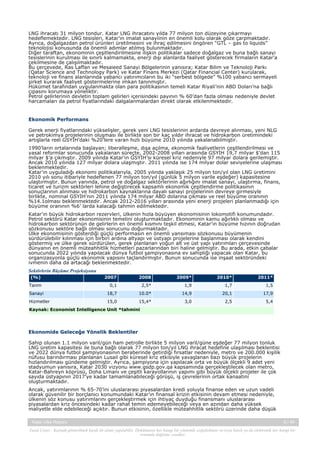 LNG ihracatı 31 milyon tondur. Katar LNG ihracatını yılda 77 milyon ton düzeyine çıkarmayı
hedeflemektedir. LNG tesisleri, Katar’ın imalat sanayiinin en önemli kolu olarak göze çarpmaktadır.
Ayrıca, doğalgazdan petrol ürünleri üretilmesini ve ihraç edilmesini öngören “GTL – gas to liquids”
teknolojisi konusunda da önemli adımlar atılmış bulunmaktadır.
Diğer taraftan, ekonominin çeşitlendirilmesine ilişkin politikalar sadece doğalgaz ve buna bağlı sanayi
tesislerinin kurulması ile sınırlı kalmamakta, enerji dışı alanlarda faaliyet gösterecek firmaların Katar’a
çekilmesine de çalışılmaktadır.
Bu çerçevede, Ras Laffan ve Mesaieed Sanayi Bölgelerinin yanısıra; Katar Bilim ve Teknoloji Parkı
(Qatar Science and Technology Park) ve Katar Finans Merkezi (Qatar Financial Center) kurularak,
teknoloji ve finans alanlarında yabancı yatırımcıların bu iki “serbest bölgede” %100 yabancı sermayeli
şirket kurarak faaliyet göstermelerine imkan tanınmıştır.
Hükümet tarafından uygulanmakta olan para politikasının temeli Katar Riyali’nin ABD Doları’na bağlı
çıpasını korumaya yöneliktir.
Petrol gelirlerinin devletin toplam gelirleri içerisindeki payının % 60’dan fazla olması nedeniyle devlet
harcamaları da petrol fiyatlarındaki dalgalanmalardan direkt olarak etkilenmektedir.

Ekonomik Performans
Gerek enerji fiyatlarındaki yükselişler, gerek yeni LNG tesislerinin ardarda devreye alınması, yeni NLG
ve petrokimya projelerinin oluşması ile birlikte son bir kaç yıldır ihracat ve hidrokarbon üretimindeki
artışlarla reel GSYİH’daki %20’lere varan hızlı büyüme 2010 yılında yakalanabilmiştir.
1990’ların ortalarında başlayan; liberalleşme, dışa açılma, ekonomik faaliyetlerin çeşitlendirilmesi ve
yasal reformlar sonucunda yakalanan süreçte, 2002-2008 yılları arasında GSYİH 19,7 milyar $’dan 115
milyar $’a çıkmıştır. 2009 yılında Katar’ın GSYİH’sı küresel kriz nedeniyle 97 milyar dolara gerilemiştir.
Ancak 2010 yılında 127 milyar dolara ulaşmıştır. 2011 yılında ise 174 milyar dolar seviyelerine ulaşması
beklenmektedir.
Katar’ın uyguladığı ekonomi politikalarıyla, 2005 yılında yaklaşık 25 milyon ton/yıl olan LNG üretimini
2010 yılı sonu itibariyle hedeflenen 77 milyon ton/yıl (günlük 5 milyon varile eşdeğer) kapasitesine
ulaştırmıştır. Bunun yanında, petrol ve doğalgaz sektörlerinin ağırlığını imalat sanayi, ulaştırma, finans,
ticaret ve turizm sektörleri lehine değiştirecek kapsamlı ekonomik çeşitlendirme politikasının
sonuçlarının alınması ve hidrokarbon kaynaklarına dayalı sanayi projelerinin devreye girmesiyle
birlikte, nominal GSYİH’nın 2011 yılında 174 milyar ABD dolarına çıkması ve reel büyüme oranının
%14.1olması beklenmektedir. Ancak 2012-2016 yılları arasında yeni enerji projeleri planlanmadığı için
büyüme oranının %6’ larda kalacağı tahmin edilmektedir.
Katar’ın büyük hidrokarbon rezervleri, ülkenin hızla büyüyen ekonomisinin lokomotifi konumundadır.
Petrol sektörü Katar ekonomisinin temelini oluşturmaktadır. Ekonominin kamu ağırlıklı olması ve
hidrokarbon sektörünün de gelirlerin en önemli kısmını teşkil etmesi, Katar’ın büyüme hızının doğrudan
sözkonusu sektöre bağlı olması sonucunu doğurmaktadır.
Ülke ekonomisinin gösterdiği güçlü performasın en önemli yansıması sözkonusu büyümenin
sürdürülebilir kılınması için birbiri ardına altyapı ve üstyapı projelerine başlanması olarak kendini
göstermiş ve ülke gerek sürdürülen, gerek planlanan yoğun alt ve üst yapı yatırımları çerçevesinde
dünyanın en önemli müteahhitlik hizmetleri pazarlarından biri haline gelmiştir. Bu arada, etkin çabalar
sonucunda 2022 yılında yapılacak dünya futbol şampiyonasına ev sahipliği yapacak olan Katar, bu
organizasyonla güçlü ekonomik yapısını taçlandırmıştır. Bunun sonucunda ise inşaat sektöründeki
ivmenin daha da artacağı beklenmektedir.
Sektörlerin Büyüme Projeksiyonu
(%)

2007

2008

2009*

2010*

2011*

Tarım

0,1

2,5*

1,9

1,7

1,5

Sanayi

18,7

10.0*

14,9

20,1

17,9

Hizmetler

15,0

15,4*

3,0

2,5

5,4

Kaynak: Economist Intelligence Unit *tahmini

Ekonomide Geleceğe Yönelik Beklentiler
Sahip olunan 1.1 milyon varil/gün ham petrolle birlikte 5 milyon varil/güne eşdeğer 77 milyon tonluk
LNG üretim kapasitesi ile buna bağlı olarak 77 milyon ton/yıl LNG ihracat hedefine ulaşılması beklentisi
ve 2022 dünya futbol şampiyonasının beraberinde getirdiği fırsatlar nedeniyle, metro ve 200.000 kişilik
nüfusu barındırması planlanan Lusail gibi küresel kriz etkisiyle yavaşlanan bazı büyük projelerin
hızlandırılması gündeme gelmiştir. Ayrıca, şampiyona için yapılacak orta ve büyük ölçekli 9 adet yeni
stadyumun yanısıra, Katar 2030 vizyonu www.gsdp.gov.qa kapsamında gerçekleştilecek olan metro,
Katar-Bahreyn köprüsü, Doha Limanı ve çeşitli karayollarının yapımı gibi büyük ölçekli projeler ile çok
sayıda üstyapının 2017’ye kadar tamamlanabileceği görüşü, iş çevrelerinin ortak kanaatini
oluşturmaktadır.
Ancak, yatırımlarının % 65-70’ini uluslararası piyasalardan kredi yoluyla finanse eden ve uzun vadeli
olarak güvenilir bir borçlanıcı konumundaki Katar’ın finansal krizin etkisinin devam etmesi nedeniyle,
ülkenin söz konusu yatırımlarını gerçekleştirmek için ihtiyaç duyduğu finansmanı uluslararası
piyasalardan kriz öncesindeki kadar rahat temin edemeyebileceği veya en azından daha yüksek
maliyetle elde edebileceği açıktır. Bunun etkisinin, özellikle müteahhitlik sektörü üzerinde daha düşük
Katar Ülke Raporu

5 / 45

Yasal Uyarı : Kaynak gösterilmek kaydı ile alıntı yapılabilir. Dokümanın her hangi bir yöntemle çoğaltılması ve/veya basılı ya da elektronik her hangi bir
ortamda dağıtımı yasaktır.

 