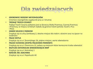 • GROBOWIEC RODZINY MEYERHOLDÓW 
Cmentarz ewangelicko-augsburski przy ul. Smutnej 
• TRÓJKĄT TRZECH CESARZY 
Trójkąt Trzech Cesarzy położony jest w dorzeczu Białej Przemszy, Czarnej Przemszy 
i Przemszy, w miejscu w którym stykały się granice trzech państw: Austrii, Prus 
i Rosji. 
• ZAMEK SIELECKI Z PARKIEM 
Znajduje się na ulicy Zamkowej 2, idealne miejsce dla rodzin z dziećmi oraz na spacer na 
osobności 
• PAŁAC DIETLA 
Znajduje się na ul. Żeromskiego 2A, piękne miejsce, warte odwiedzenia 
• PAŁACE SCHOENA (ZESPÓŁ PAŁACOWO-PARKOWY) 
Znajdują się na ul. Chemiczna 12, pałace są miejscem które koniecznie trzeba odwiedzić 
• BAZYLIKA KATEDRALNA WNIEBOWZIĘCIA NMP 
Znajduje się na ul. Kościelnej 1 
• KOŚCIÓŁ ŚW. JOACHIMA 
Znajduje się na ul. Popiełuszki 44 
WSB 
 