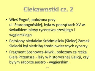 • Wieś Pogoń, położona przy 
ul. Staropogońskiej, była w początkach XV w. 
świadkiem bitwy rycerstwa czeskiego i 
węgierskiego. 
• Położony niedaleko Śródmieścia (Sielec) Zamek 
Sielecki był siedzibą średniowiecznych rycerzy. 
• Fragment Sosnowca-Niwki, położony za rzeką 
Biała Przemsza - leży w historycznej Galicji, czyli 
byłym zaborze austro - węgierskim. 
WSB 
 