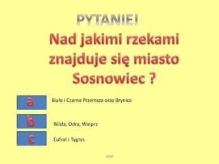 Biała i Czarna Przemsza oraz Brynica 
Wisła, Odra, Wieprz 
Eufrat i Tygrys 
WSB 
 
