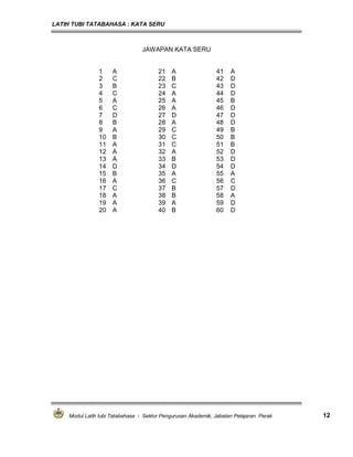 LATIH TUBI TATABAHASA : KATA SERU
Modul Latih tubi Tatabahasa : Sektor Pengurusan Akademik, Jabatan Pelajaran Perak 12
JAWAPAN KATA SERU
1 A 21 A 41 A
2 C 22 B 42 D
3 B 23 C 43 D
4 C 24 A 44 D
5 A 25 A 45 B
6 C 26 A 46 D
7 D 27 D 47 D
8 B 28 A 48 D
9 A 29 C 49 B
10 B 30 C 50 B
11 A 31 C 51 B
12 A 32 A 52 D
13 A 33 B 53 D
14 D 34 D 54 D
15 B 35 A 55 A
16 A 36 C 56 C
17 C 37 B 57 D
18 A 38 B 58 A
19 A 39 A 59 D
20 A 40 B 60 D
 