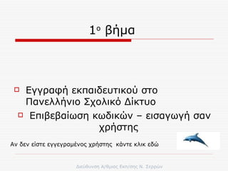 1 ο  βήμα  Εγγραφή εκπαιδευτικού στο Πανελλήνιο Σχολικό Δίκτυο  Επιβεβαίωση κωδικών – εισαγωγή σαν χρήστης  Αν δεν είστε εγγεγραμένος χρήστης  κάντε κλικ εδώ  