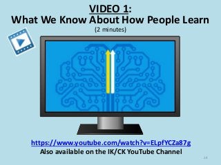 VIDEO 1:
What We Know About How People Learn
(2 minutes)
https://www.youtube.com/watch?v=ELpfYCZa87g
Also available on the IK/CK YouTube Channel
28
 