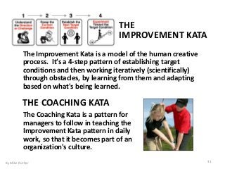 THE
IMPROVEMENT KATA
The Coaching Kata is a pattern for
managers to follow in teaching the
Improvement Kata pattern in daily
work, so that it becomes part of an
organization's culture.
The Improvement Kata is a model of the human creative
process. It’s a 4-step pattern of establishing target
conditions and then working iteratively (scientifically)
through obstacles, by learning from them and adapting
based on what's being learned.
THE COACHING KATA
By Mike Rother 31
 