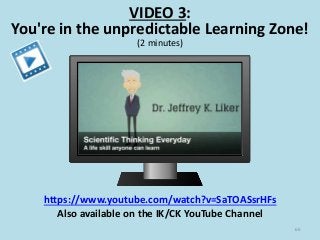 VIDEO 3:
You're in the unpredictable Learning Zone!
(2 minutes)
66
https://www.youtube.com/watch?v=SaTOASsrHFs
Also available on the IK/CK YouTube Channel
 