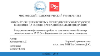 АВТОМАТИЗАЦИЯ КЛЮЧЕВЫХ БИЗНЕС-ПРОЦЕССОВ ГОРОДСКОЙ
БОЛЬНИЦЫ НА ОСНОВЕ КАСКАДНОЙ МОДЕЛИ ВНЕДРЕНИЯ
Выпускная квалификационная работа на соискание звания бакалавр
по специальности 12.03.04 – Биотехнические системы и технологии
Автор:
Катасонова Н.С. Научный руководитель:
к.т.н., доц. МИРЭА Степанов Д.Ю.
Москва – 2018
МОСКОВСКИЙ ТЕХНОЛОГИЧЕСКИЙ УНИВЕРСИТЕТ
Источник:
stepanovd.com
 