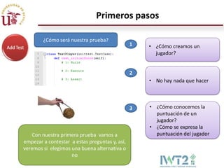 Primeros pasos

        ¿Cómo será nuestra prueba?
                                                1   • ¿Cómo creamos un
                                                      jugador?


                                                2
                                                    • No hay nada que hacer



                                                3   • ¿Cómo conocemos la
                                                      puntuación de un
                                                      jugador?
                                                    • ¿Cómo se expresa la
    Con nuestra primera prueba vamos a                puntuación del jugador
empezar a contestar a estas preguntas y, así,
veremos si elegimos una buena alternativa o
                    no
 