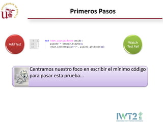 Primeros Pasos




Centramos nuestro foco en escribir el mínimo código
para pasar esta prueba…
 