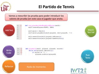 El Partido de Tennis
Vamos a reescribir las prueba para poder introducir los
 valores de prueba (en este caso el jugador que anota.




                  Nada de momento.
 