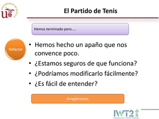 El Partido de Tenis

 Hemos terminado pero…..



• Hemos hecho un apaño que nos
  convence poco.
• ¿Estamos seguros de que funciona?
• ¿Podríamos modificarlo fácilmente?
• ¿Es fácil de entender?

                  Arreglémoslo.
 