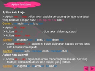 Apitan kata kerja
 Apitan me-... -kan : digunakan apabila bergabung dengan kata dasar
yang bermula dengan huruf l, m, ng, ny, r, w dan y
Contoh : memainkan, melukakan
 Apitan di-... -kan
 Apitan di-... -i : digunakan dalam ayat pasif
 Apitan diper-... -kan
Contoh : dianugerahkan, ditemui, diperdapatkan
 Apitan memper-…-i : apitan ini boleh digunakan kepada semua jenis
kata kecuali kata adjektif.
Contoh : memperluasi, memperindahi, memperlebari
Apitan kata adjektif
 Apitan ke-... -an : digunakan untuk menerangkan sesuatu hal yang
terdapat dalam kata dasar Dan tempat yang tertentu
Contoh : keinggerisan, kearaban, kecinaan
Apitan (lanjutan)
 