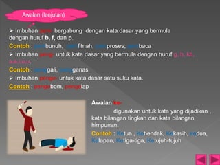  Imbuhan pem- bergabung dengan kata dasar yang bermula
dengan huruf b, f, dan p.
Contoh : pembunuh, pemfitnah, pemproses, pembaca
 Imbuhan peng- untuk kata dasar yang bermula dengan huruf g, h, kh,
a,e,i,o,u.
Contoh : penggali, pengganas
 Imbuhan penge- untuk kata dasar satu suku kata.
Contoh : pengebom, pengelap
Awalan ke-
digunakan untuk kata yang dijadikan ,
kata bilangan tingkah dan kata bilangan
himpunan.
Contoh : Ketua , Kehendak, Kekasih, kedua,
Kelapan, Ketiga-tiga, Ketujuh-tujuh
Awalan (lanjutan)
 