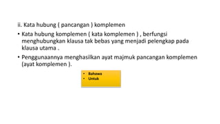 ii. Kata hubung ( pancangan ) komplemen
• Kata hubung komplemen ( kata komplemen ) , berfungsi
menghubungkan klausa tak bebas yang menjadi pelengkap pada
klausa utama .
• Penggunaannya menghasilkan ayat majmuk pancangan komplemen
(ayat komplemen ).
• Bahawa
• Untuk
 
